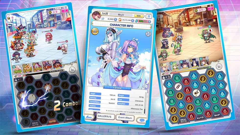 Project QTの戦闘画面 — 下がパズルボード、上でバトルが展開